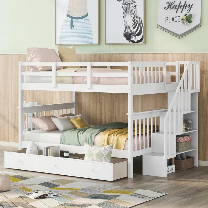 White Double Full Size Stairway Bunk Bed With Drawer By Homeroots