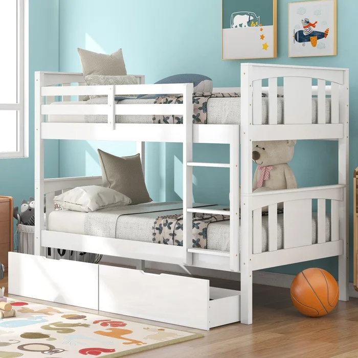 White Double Twin Size Ladder Bunk Bed With Drawers By Homeroots