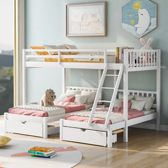 White Full Over Double Twin Triple Bunk Beds With Drawers By Homeroots
