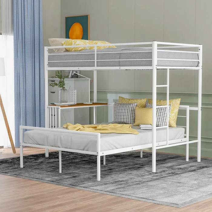 White Twin Over Full Size Metal Bunk Bed With Desk By Homeroots
