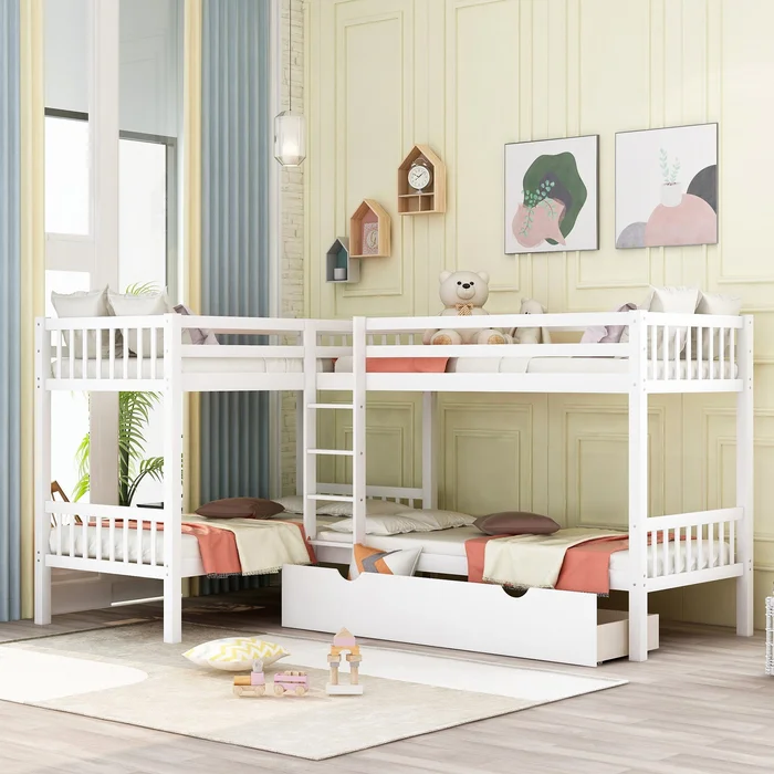 White Twin Size L Shaped Double Bunk Bed With Drawer By Homeroots