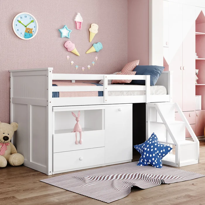 White Twin Size Low Loft Bed With Portable Desk By Homeroots
