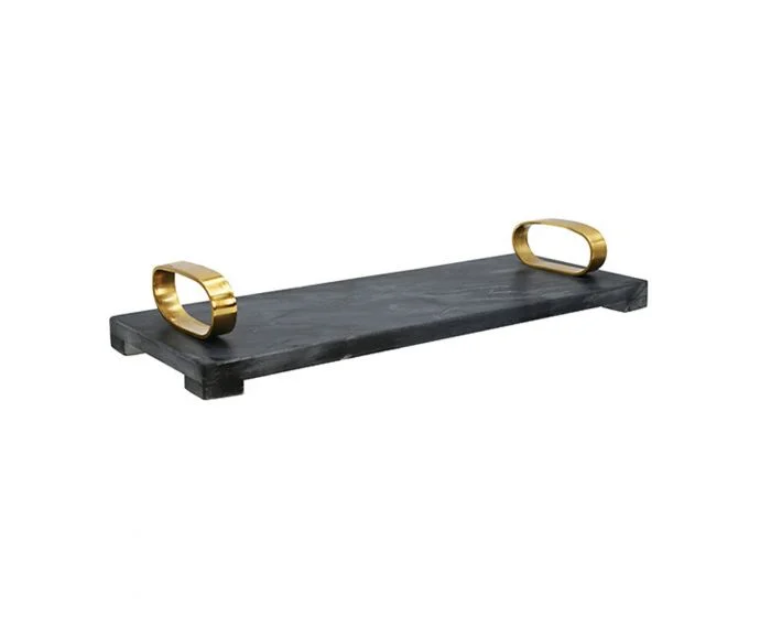 Worlds Away Black Marble Tray With Brass Oval Shaped Handle (Dropshippable)