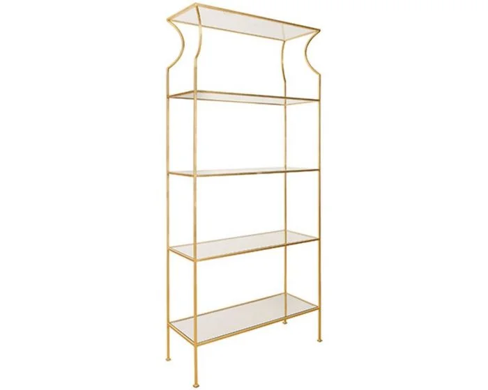 Worlds Away Flared Top Etagere With Clear Glass Shelves In Gold Leaf