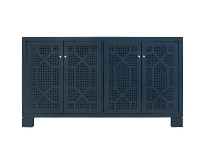 Worlds Away Four Door Buffet With Trellis Over Painted Cane Doors In Matte Navy Lacquer