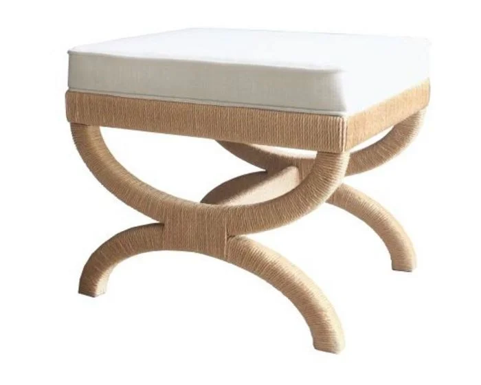 Worlds Away Natural Rope Wrapped Base Stool With White Linen Cushion (Dropshippable)