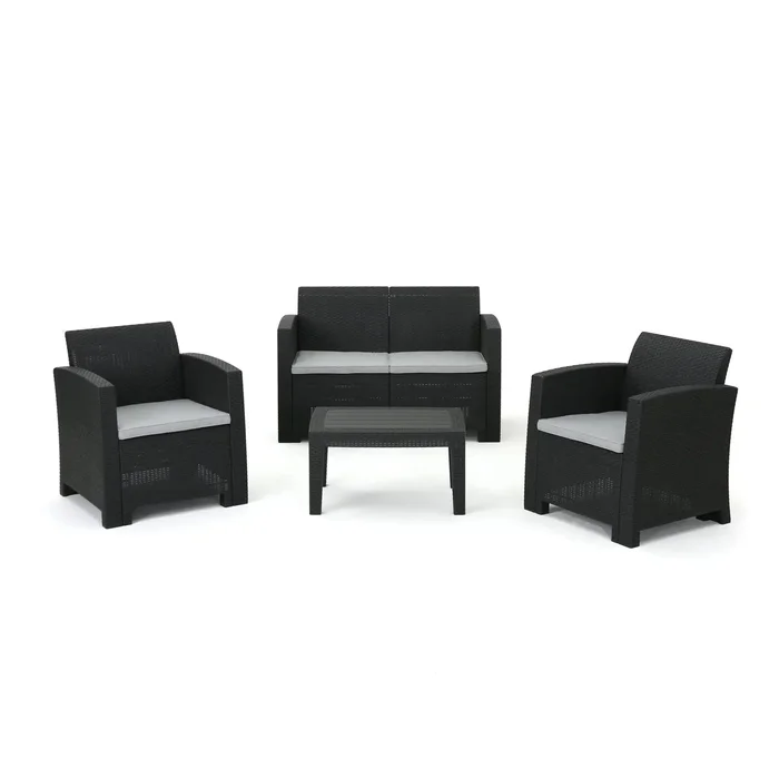 Zephyra – Outdoor 4 Piece Faux Wicker Rattan Chat Set With Water Resistant Cushions – Gray